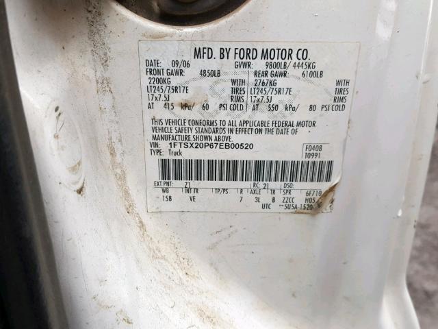 1FTSX20P67EB00520 - 2007 FORD F250 SUPER WHITE photo 10