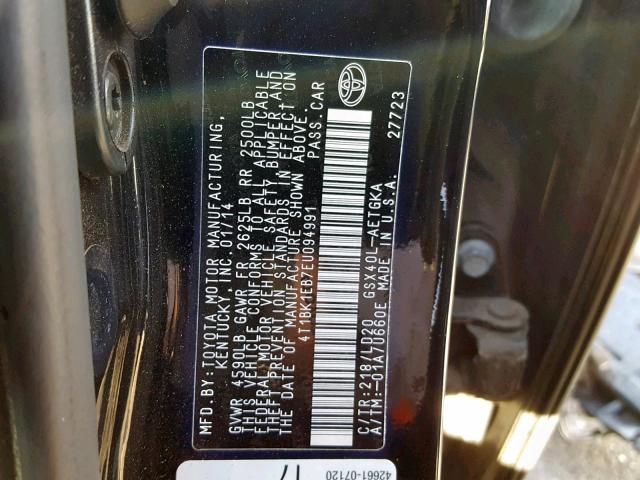 4T1BK1EB7EU094991 - 2014 TOYOTA AVALON BAS BLACK photo 10