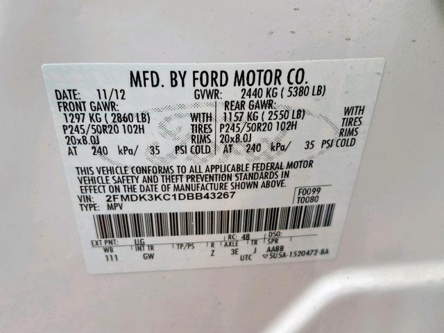 2FMDK3KC1DBB43267 - 2013 FORD EDGE LIMIT WHITE photo 10