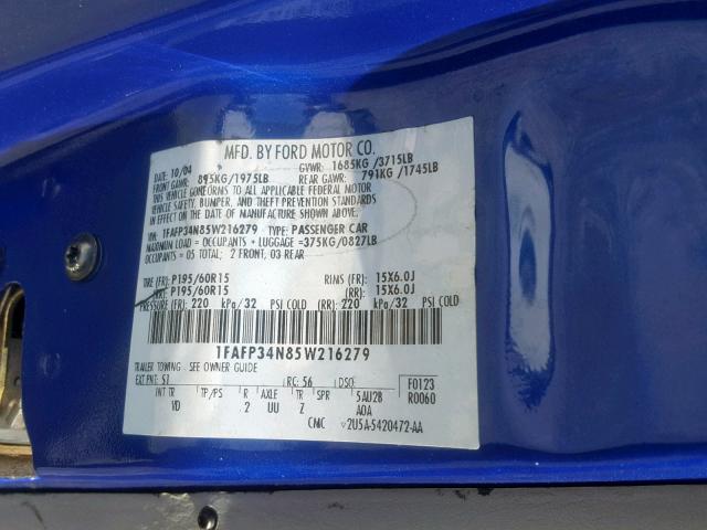 1FAFP34N85W216279 - 2005 FORD FOCUS ZX4 BLUE photo 10