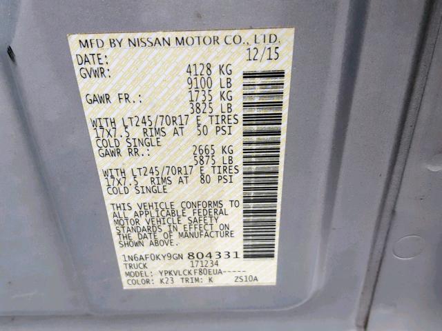 1N6AF0KY9GN804331 - 2016 NISSAN NV 2500 S SILVER photo 10