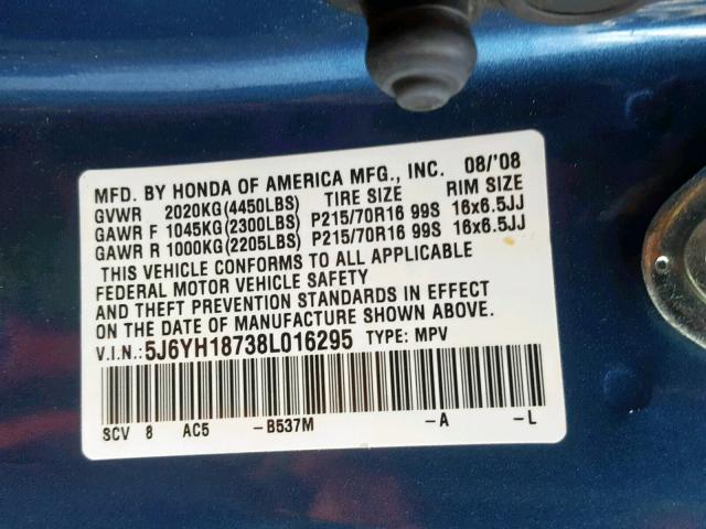 5J6YH18738L016295 - 2008 HONDA ELEMENT EX BLUE photo 10