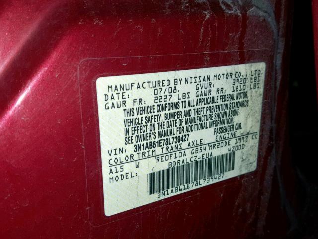 3N1AB61E78L739427 - 2008 NISSAN SENTRA 2.0 勃艮第红 照片 10