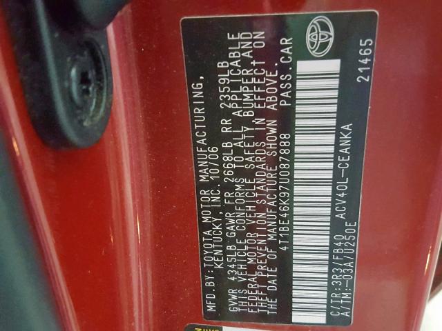 4T1BE46K97U087888 - 2007 TOYOTA CAMRY NEW RED photo 10