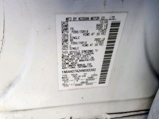 1N6AA07A24N593382 - 2004 NISSAN TITAN XE WHITE photo 10