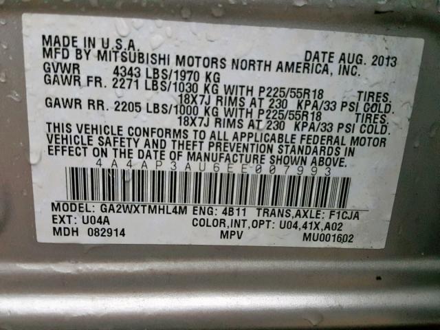 4A4AP3AU6EE007993 - 2014 MITSUBISHI OUTLANDER SILVER photo 10