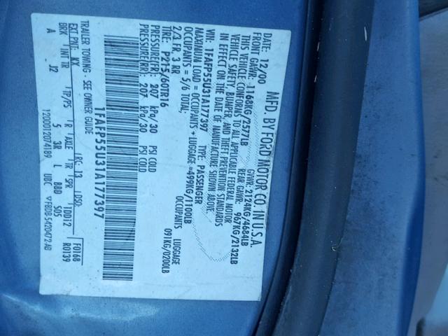 1FAFP55U31A177397 - 2001 FORD TAURUS SES BLUE photo 10