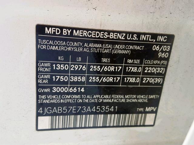 4JGAB57E73A453541 - 2003 MERCEDES-BENZ ML 350 WHITE photo 10