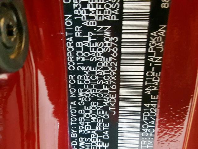 JTKDE167X90276673 - 2009 TOYOTA SCION TC 红色 照片 10