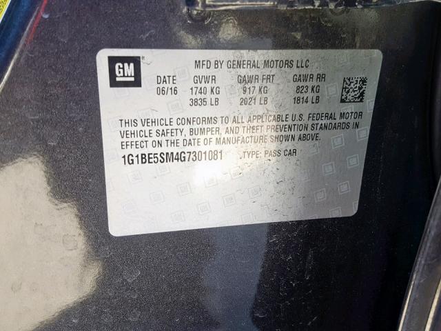 1G1BE5SM4G7301081 - 2016 CHEVROLET CRUZE LT 灰色 照片 10
