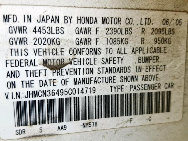 JHMCN36495C014719 - 2005 HONDA ACCORD HYB WHITE photo 10