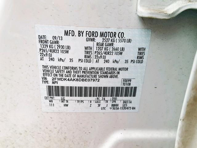 2FMDK4AK8DBE07972 - 2013 FORD EDGE SPORT WHITE photo 10