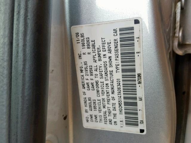 1HGCM55147A063401 - 2007 HONDA ACCORD VAL SILVER photo 10