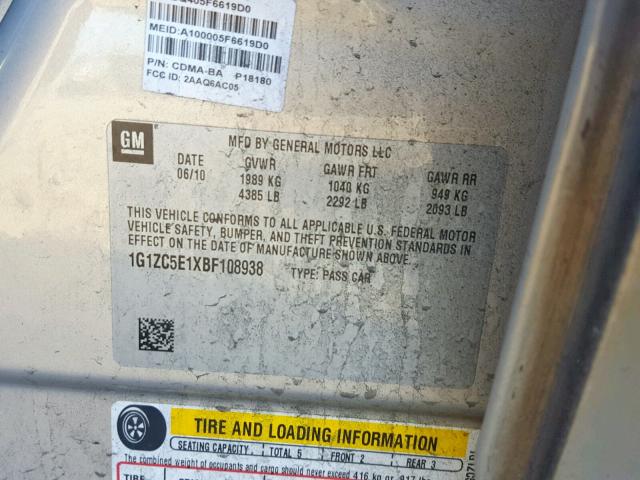 1G1ZC5E1XBF108938 - 2011 CHEVROLET MALIBU 1LT BEIGE photo 10