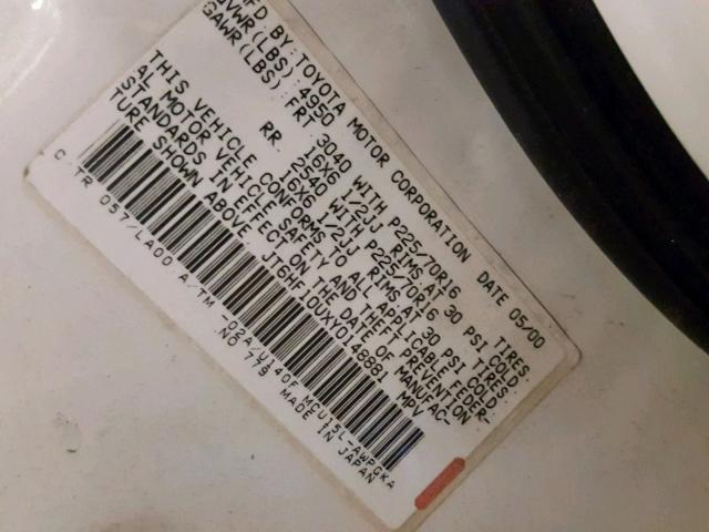 JT6HF10UXY0148881 - 2000 LEXUS RX 300 WHITE photo 10