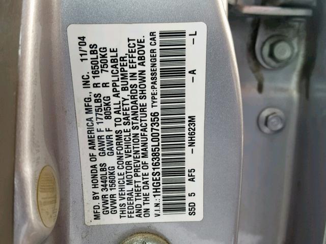 1HGES16385L007356 - 2005 HONDA CIVIC DX V SILVER photo 10