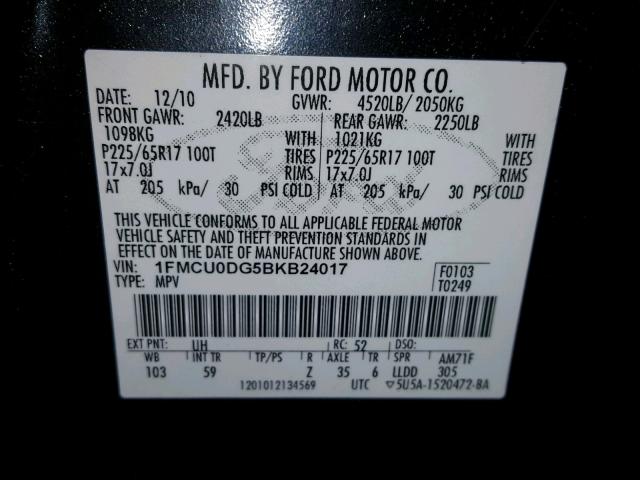 1FMCU0DG5BKB24017 - 2011 FORD ESCAPE XLT BLACK photo 10