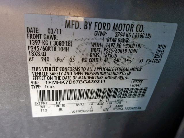 1FMHK7D87BGA39311 - 2011 FORD EXPLORER X SILVER photo 10