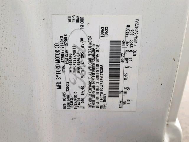 1FTYR10U75PA78386 - 2005 FORD RANGER WHITE photo 10