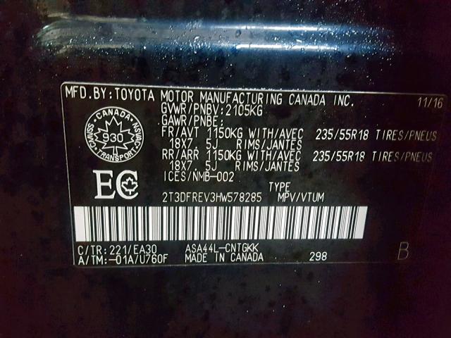 2T3DFREV3HW578285 - 2017 TOYOTA RAV4 LIMIT BLUE photo 10