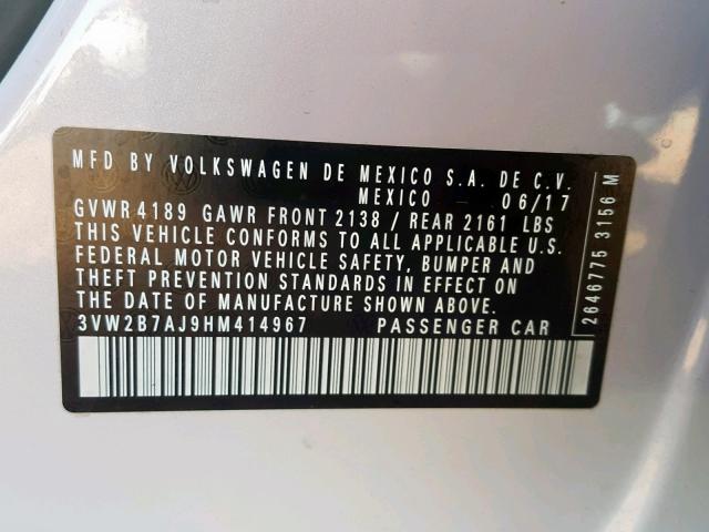 3VW2B7AJ9HM414967 - 2017 VOLKSWAGEN JETTA S WHITE photo 10