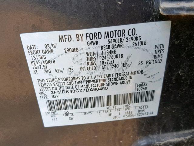 2FMDK48CX7BA90490 - 2007 FORD EDGE SEL CHARCOAL photo 10