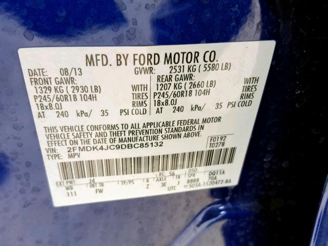 2FMDK4JC9DBC85132 - 2013 FORD EDGE SEL BLUE photo 10