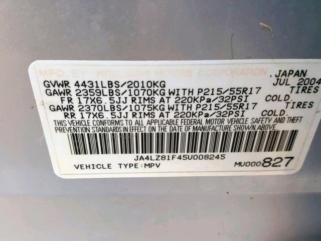 JA4LZ81F45U008245 - 2005 MITSUBISHI OUTLANDER SILVER photo 10