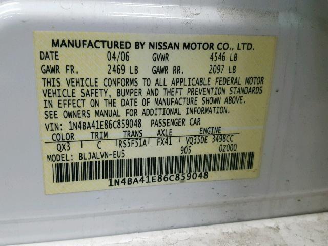 1N4BA41E86C859048 - 2006 NISSAN MAXIMA SE WHITE photo 10