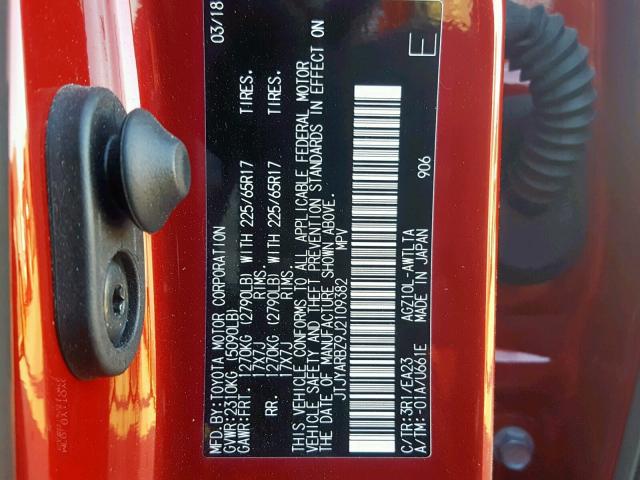 JTJYARBZ9J2109382 - 2018 LEXUS NX 200T RED photo 10