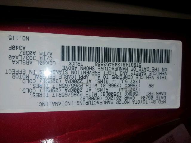 5TBBT48134S453688 - 2004 TOYOTA TUNDRA ACC RED photo 10