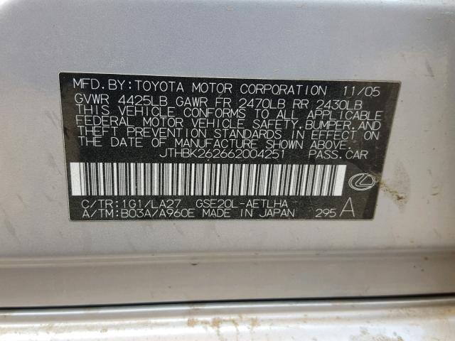 JTHBK262662004251 - 2006 LEXUS IS 250 SILVER photo 10