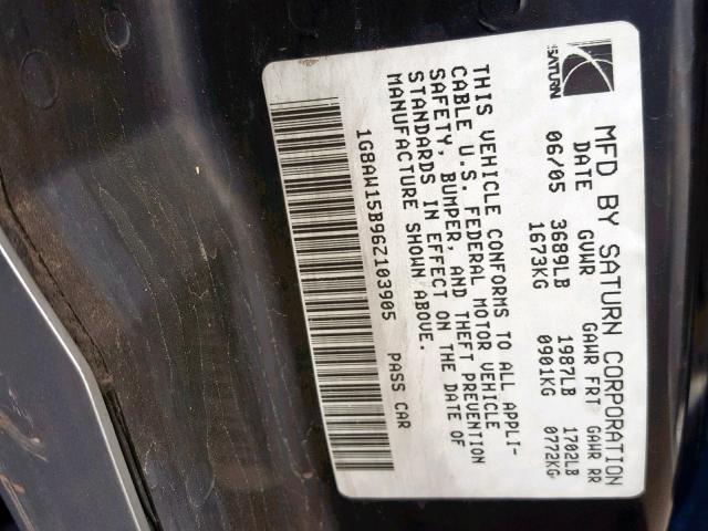 1G8AW15B96Z103905 - 2006 SATURN ION LEVEL SILVER photo 10