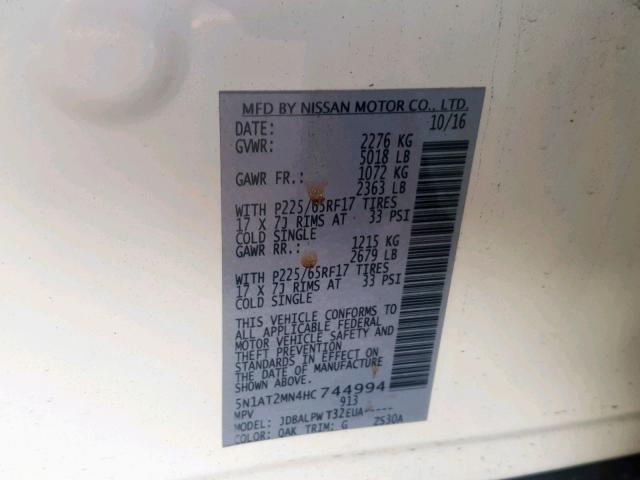 5N1AT2MN4HC744994 - 2017 NISSAN ROGUE SV თეთრი ფოტო 10
