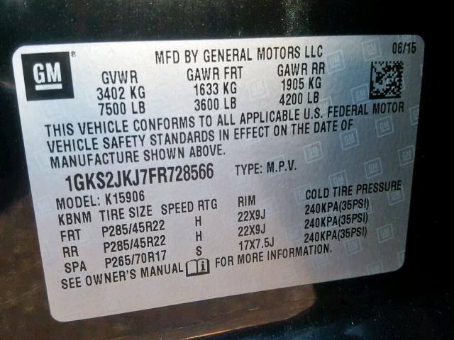 1GKS2JKJ7FR728566 - 2015 GMC YUKON XL D BLACK photo 10