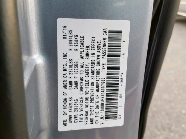 19UUB1F57GA007683 - 2016 ACURA TLX TECH ვერცხლისფერი ფოტო 10