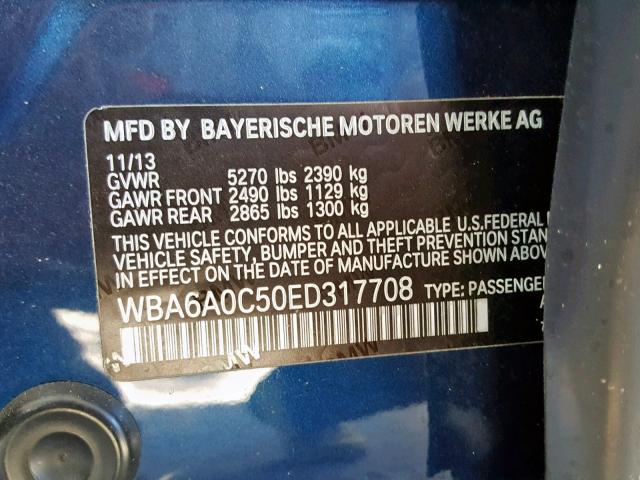 WBA6A0C50ED317708 - 2014 BMW 640 I BLUE photo 10