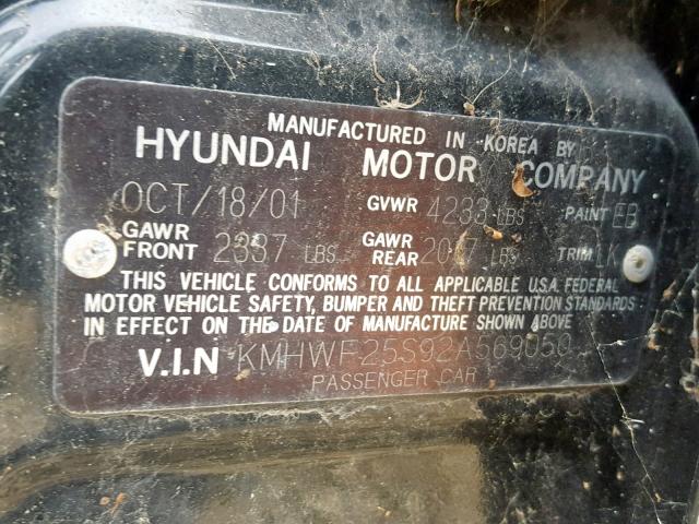 KMHWF25S92A569050 - 2002 HYUNDAI SONATA GL BLACK photo 10