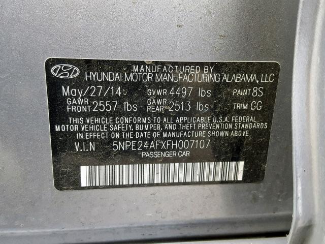 5NPE24AFXFH007107 - 2015 HYUNDAI SONATA SE SILVER photo 10