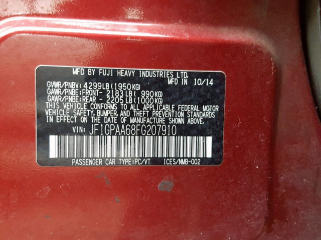 JF1GPAA68FG207910 - 2015 SUBARU IMPREZA BA RED photo 10