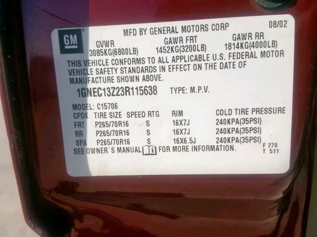 1GNEC13Z23R115638 - 2003 CHEVROLET TAHOE C150 მუქწითელი ფოტო 10