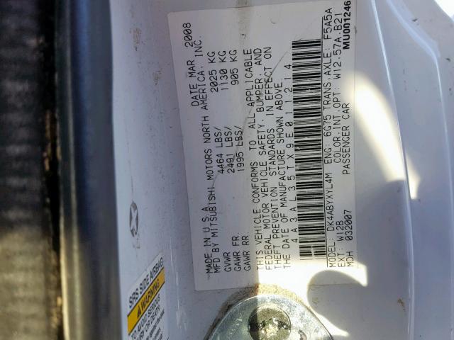 4A3AL35TX9E011214 - 2009 MITSUBISHI ECLIPSE SP WHITE photo 10