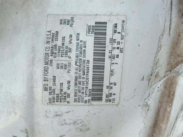 1FTYR10C01PA06138 - 2001 FORD RANGER WHITE photo 10