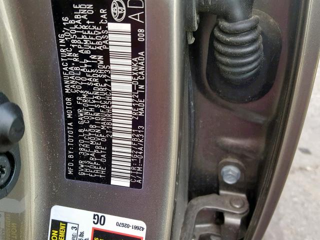 2T1BURHE5HC771735 - 2017 TOYOTA COROLLA L GRAY photo 10