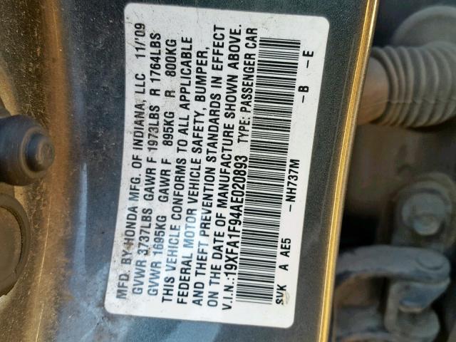 19XFA1F94AE020893 - 2010 HONDA CIVIC EXL GRAY photo 10