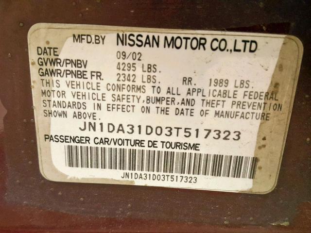 JN1DA31D03T517323 - 2003 NISSAN MAXIMA GLE Tünd qırmızı foto 10
