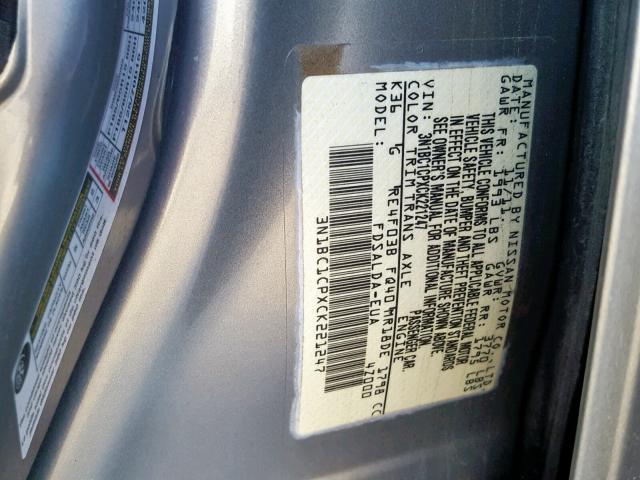 3N1BC1CPXCK221247 - 2012 NISSAN VERSA S GRAY photo 10