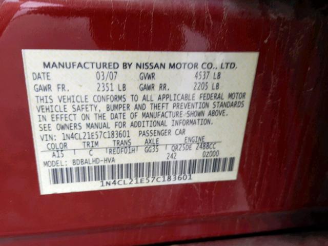 1N4CL21E57C183601 - 2007 NISSAN ALTIMA HYB RED photo 10