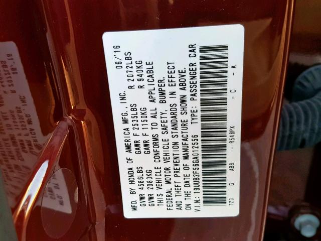 19UUB2F56GA012556 - 2016 ACURA TLX TECH BURGUNDY photo 10