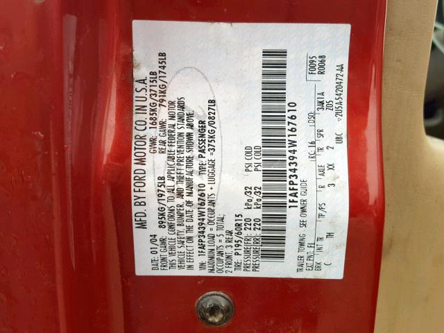 1FAFP34394W167610 - 2004 FORD FOCUS SE C RED photo 10